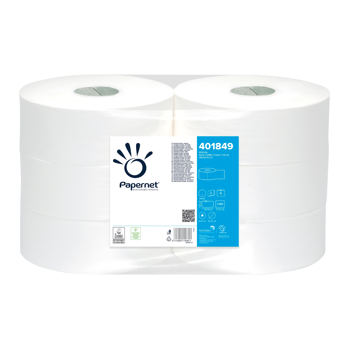 Papernet Maxi, 2 lg buničina, 360m, Ø role 26,20cm, 1180 listů. SPECIÁL Bílá ECO | Karton (1 balení)