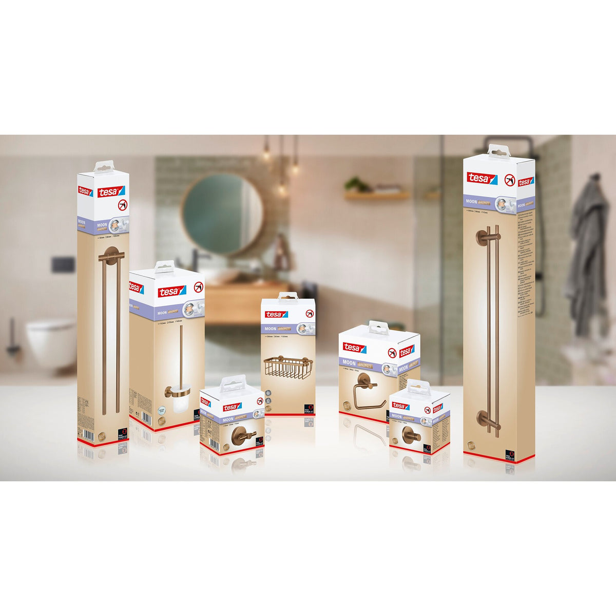 tesa MOON Bronze Doppelter Handtuchhalter, selbstklebend, Metall PVD-beschichtet – Sortiment