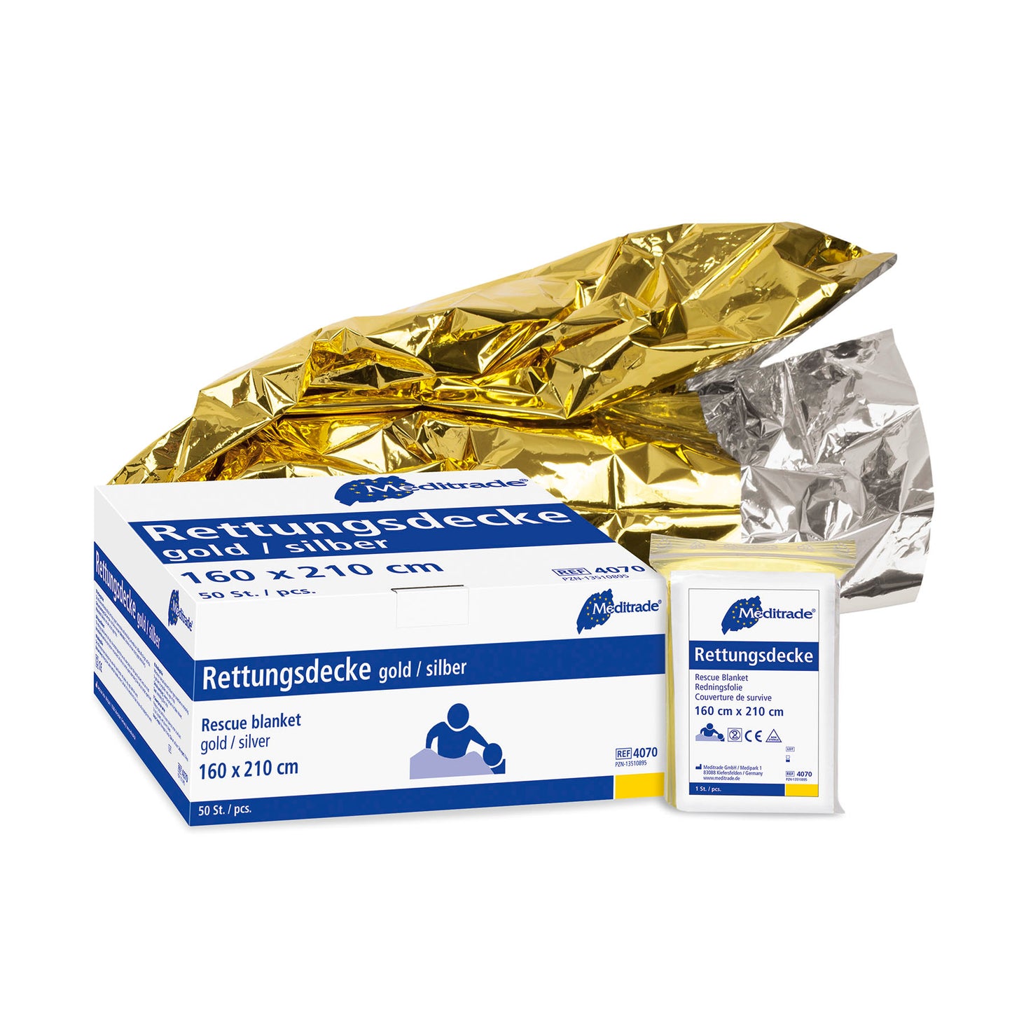 Záchranná deka, zlatá/stříbrná, 160 x 210 cm | Balení (50 kusů)