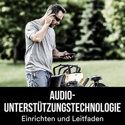 Muž v šedém tričku a se slunečními brýlemi nastavuje svůj 3M™ WorkTunes™ Connect chránič sluchu 90543E Bluetooth® (SNR 31 dB, černá) od 3M Deutschland GmbH, zatímco se venku poblíž zařízení dívá na smartphone. Německý text: "Technologie podpory zvuku Nastavení a příručka."