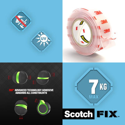 Reklamní grafika pro průhlednou oboustrannou montážní pásku Scotch-FIX™ 4910C od společnosti 3M Deutschland GmbH zobrazuje symboly pro odolnost proti vodě a UV záření, průhlednou roli lepicí pásky s červenou značkou 3M, údaje o přilnavosti a etiketu s upozorněním na maximální zatížení 7 kg.