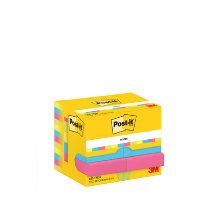 Balení 12 Post-it® Notes (38 x 51 mm, Energetic Collection) od 3M Deutschland GmbH se 100 listy na blok, v žluté ekologické krabici (100% PEFC), perfektní pro organizaci kanceláře - barevné a jasně označené.