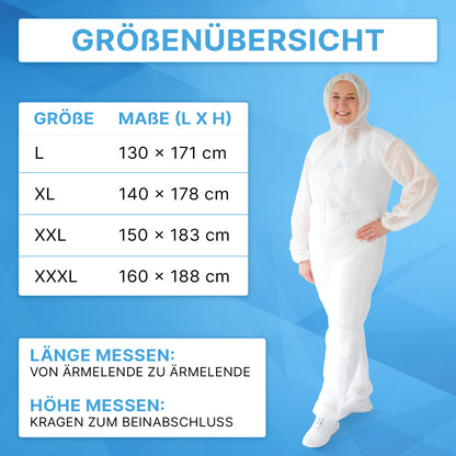 Rechts: eine Person lächelt in einem ARNOMED COVER PP-OVERALL WHITE Einmaloverall mit Kapuze aus PP-Vlies von ARNOWA GmbH. Links: eine Größentabelle für den Schutzanzug (L-XXXL) mit deutscher Messanleitung. Blauer geometrischer Hintergrund.