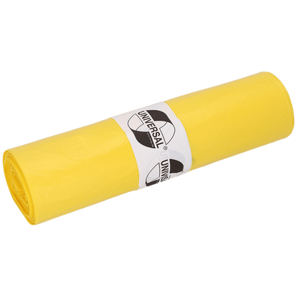 Role DEISS odpadkových pytlů 575x1000x0,018 mm z HDPE 50 l od EMIL DEISS KG (GmbH + Co.), žluté pytle s bílou etiketou a černým logem "Universal" na bílém pozadí.