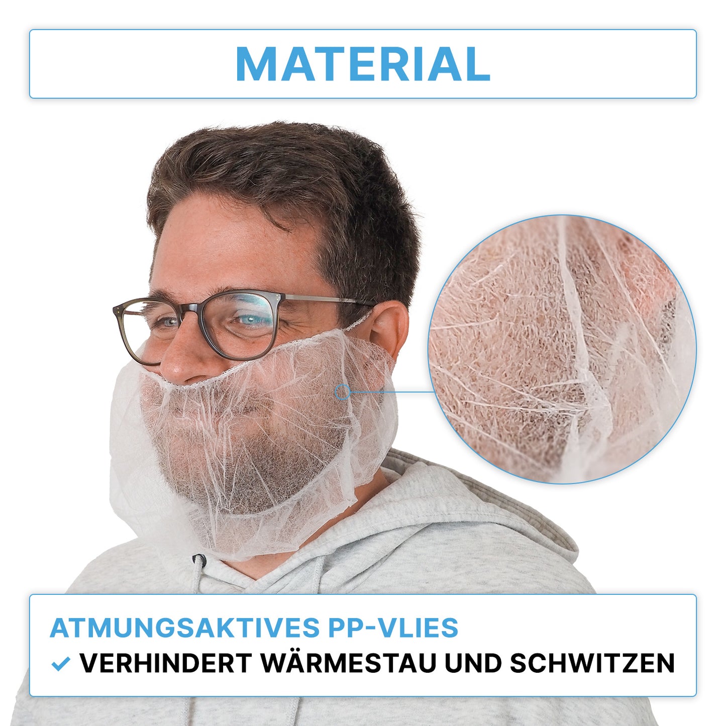 Ein Mann mit Brille und grauem Kapuzenpulli trägt den ARNOMED PP-Bartschutz Weiß von ARNOWA GmbH, einen dünnen, weißen Einweg-Bartschutz mit Gummizug. Eine Nahaufnahme zeigt den Stoff auf der Haut. Der deutsche Text weist auf die hygienische Verwendung in sensiblen Bereichen hin.