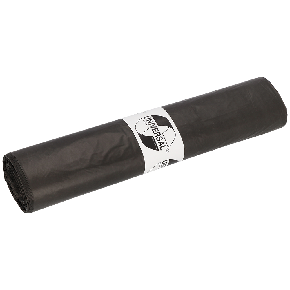 Aufgerollter grauer DEISS 44008 Müllbeutel (650x650x0,02 mm, 50 Stück/Rolle) der EMIL DEISS KG, mit einer strapazierfähigen Rolle und einem weißen "UNIVERSAL"-Etikett mit Recycling-Symbol in der Mitte.