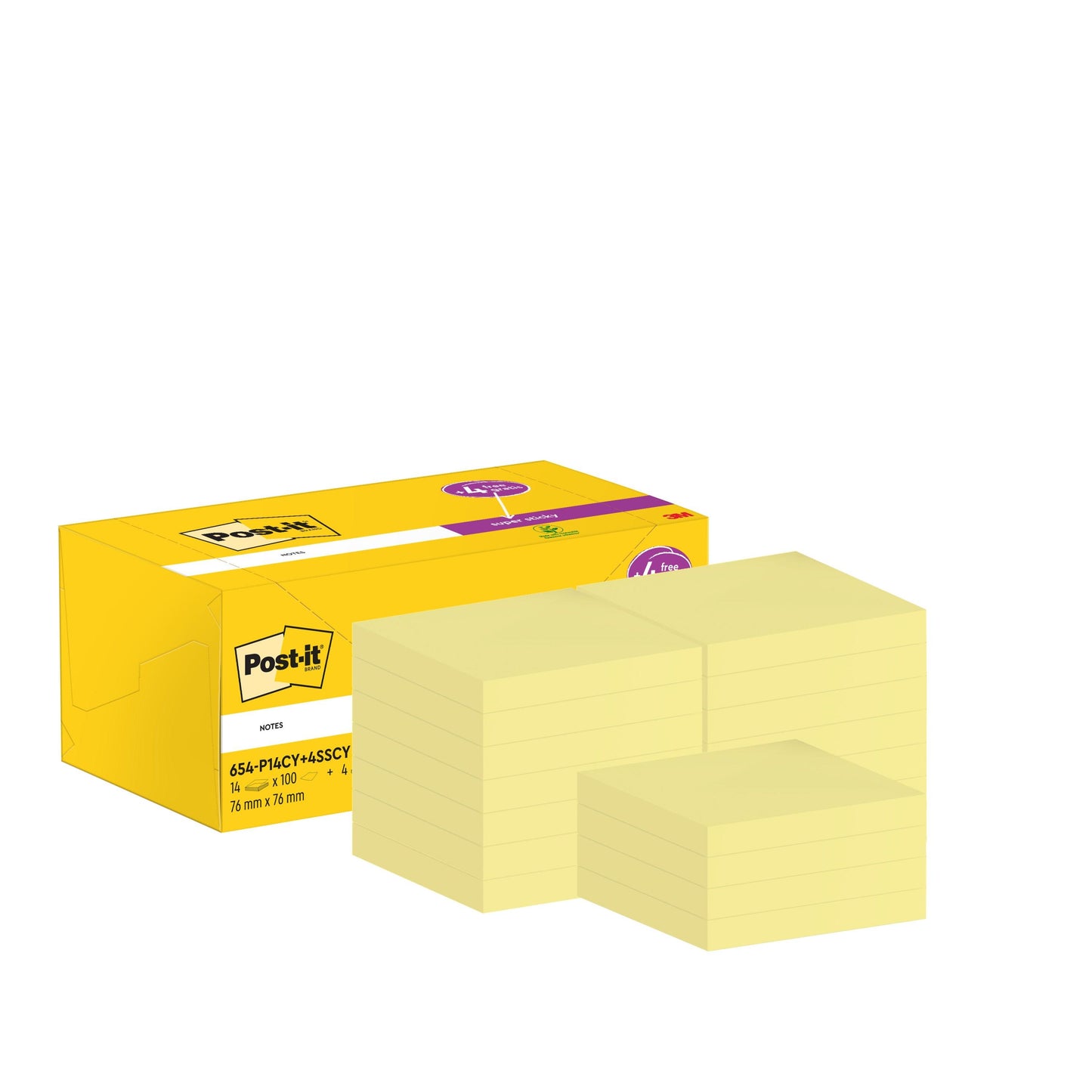 Abgebildet ist eine gelbe "Post-it®"-Box der 3M Deutschland GmbH mit Stapeln von 76 x 76 mm gelben Super Sticky Notes (100 Blatt/Block, 14 Blöcke + 4 Gratis), PEFC-zertifiziert, auf weißem Hintergrund.