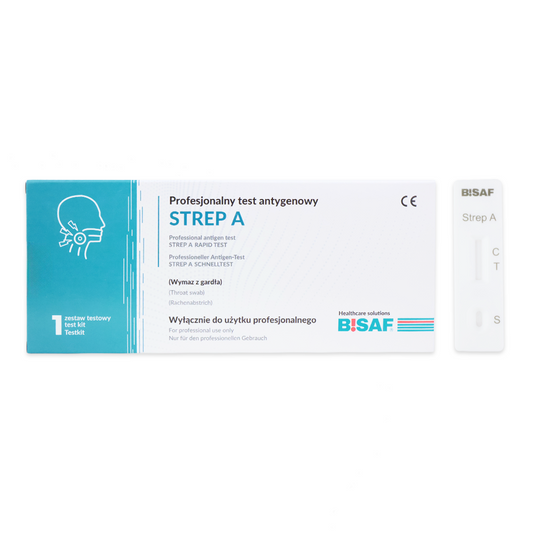 Die Altruan Strep A - Bisaf Professional 1 Test | Packung (1 Stück) enthält einen polnischen Text, eine Abbildung des Rachens und einen mit "Strep A" beschrifteten Teststreifen mit Ergebnismarkierungen für den schnellen Nachweis von Streptokokkenangina.