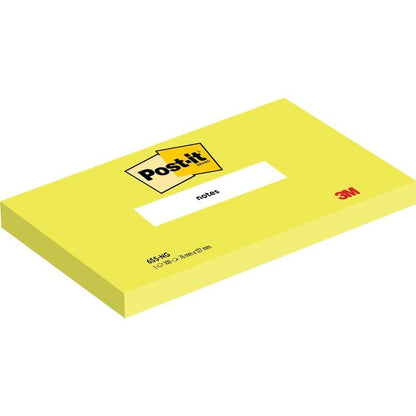 Zobrazen je obdélníkový žlutý Post-it® poznámkový blok (76 mm x 127 mm, 100 listů/blok, 100% PEFC) od 3M Deutschland GmbH s logem Post-it nahoře, "notes" uprostřed a logem 3M v pravém dolním rohu.