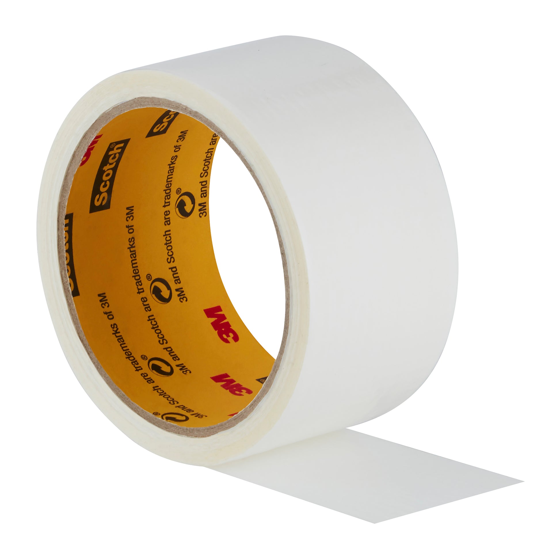Eine Rolle Scotch® Universal Klebeband 2904 (10 m x 48 mm) der 3M Deutschland GmbH liegt auf weißem Grund, der innere Ring zeigt die Markenlogos und einen ausgezogenen Bandabschnitt.