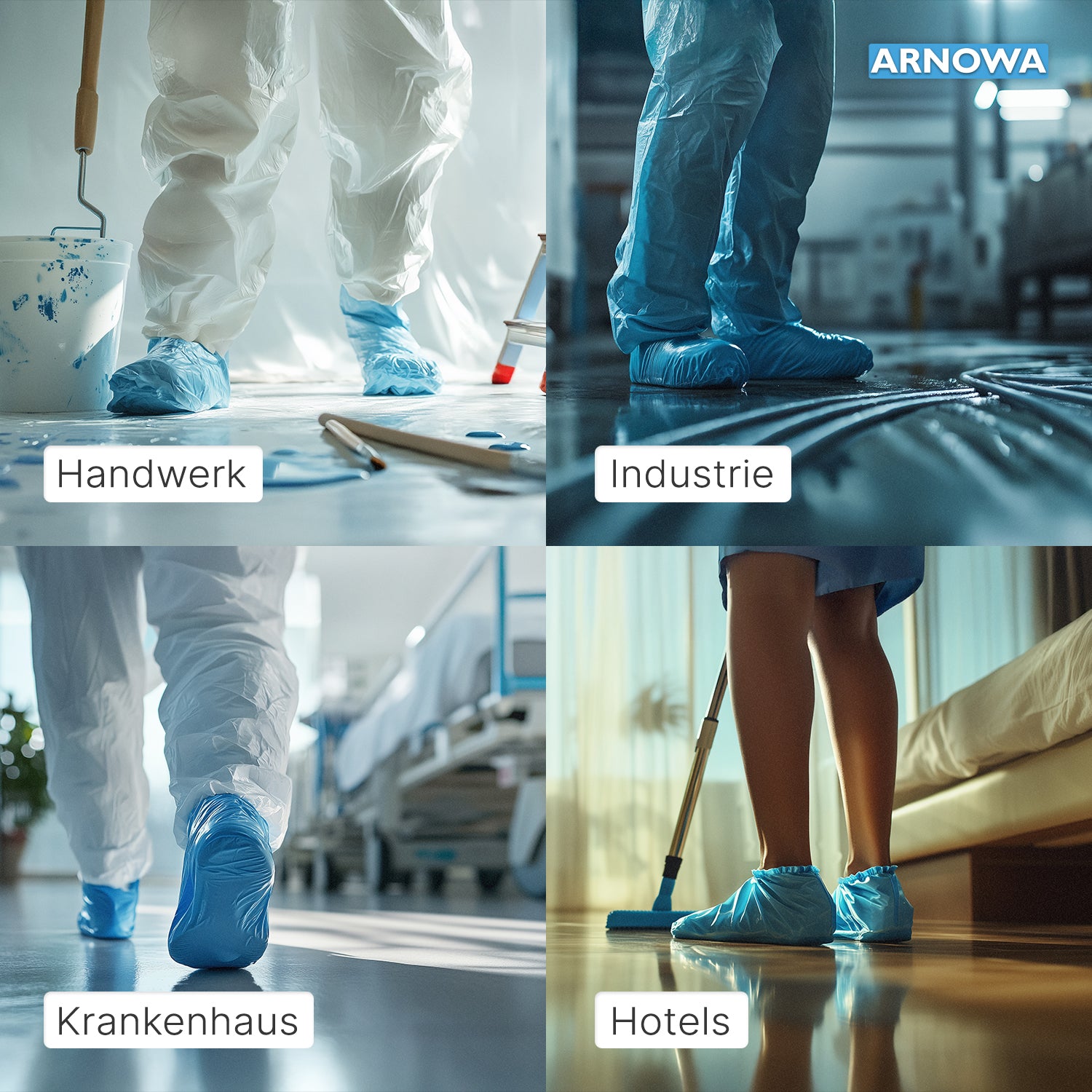 Vier Fotos zeigen Personen, die ARNOMED CPE/PP Einweg-Schuhüberzieher von ARNOWA GmbH in den Bereichen "Handwerk", "Industrie", "Krankenhaus" und "Hotels" einsetzen - und damit wasserdichten Schutz in vielen Einsatzbereichen demonstrieren.