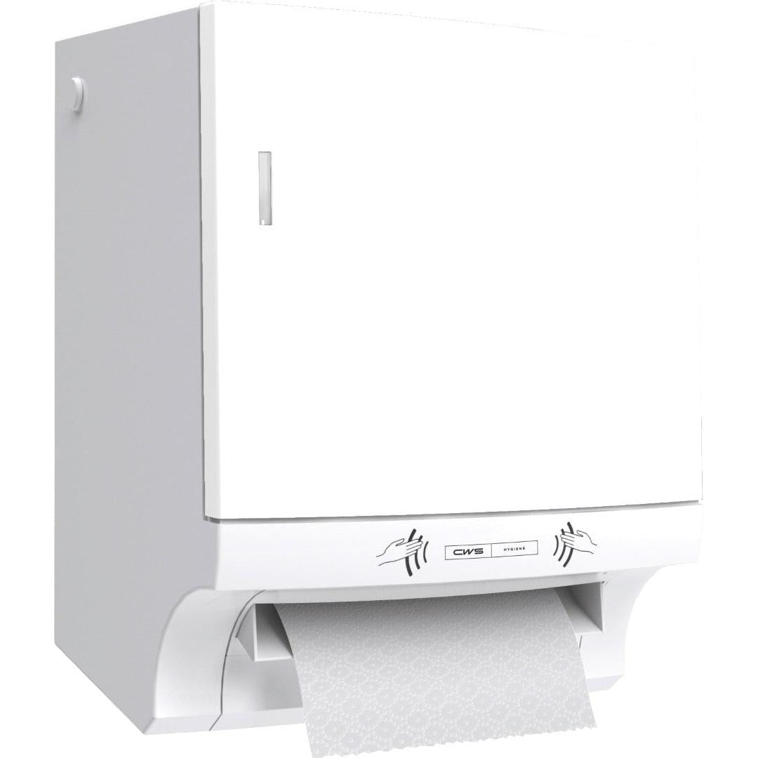 CWS ParadiseLine dávkovač papírových ručníků Paperroll NT včetně panelu v bílé barvě je nástěnný dávkovač pro hygienické sušení rukou - ideální pro profesionální použití. Část vzorovaného papíru je viditelná.