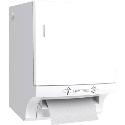 CWS ParadiseLine dávkovač papírových ručníků Paperroll NT včetně panelu v bílé barvě je nástěnný dávkovač pro hygienické sušení rukou - ideální pro profesionální použití. Část vzorovaného papíru je viditelná.