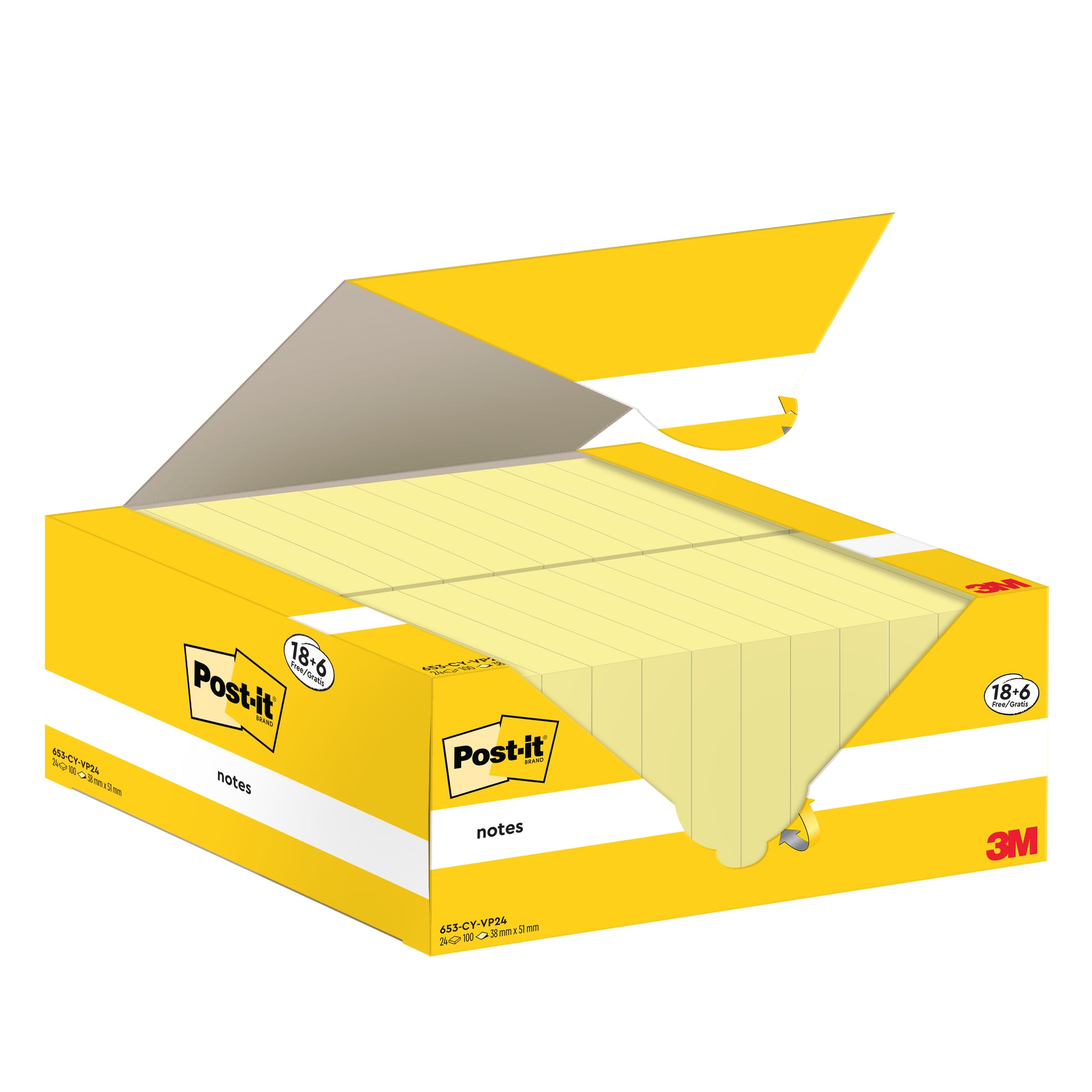 Eine Kartonpackung Post-it® Notes, Gelb, 38 mm x 51 mm, 100 Blatt pro Block, 18 Blöcke plus 6 gratis von 3M Deutschland GmbH. Die Verpackung zeigt das Post-it- und das 3M-Logo und enthält mehrere gelb linierte Notizblöcke.