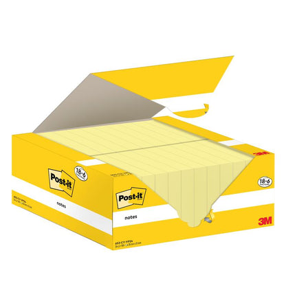 Otevřená žluto-bílá krabice samolepicích lístků Post-it® (3M Deutschland GmbH) ukazuje několik žlutých lístků uvnitř. Krabice obsahuje 18 bloků + 6 zdarma (38x51mm, 100 listů/blok), PEFC certifikováno, s logem a produktovými údaji.