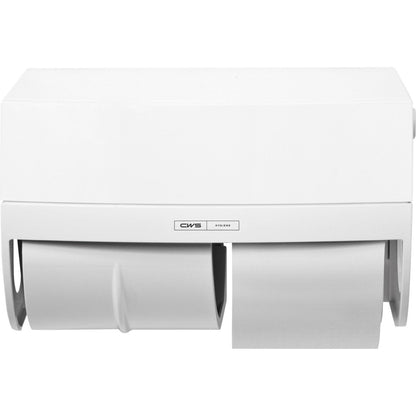 CWS ParadiseLine dávkovač toaletního papíru včetně panelu Bílý pojme dvě role (jednu plnou, jednu částečnou), je montován na stěnu a nese logo CWS - ideální pro každou toaletu.
