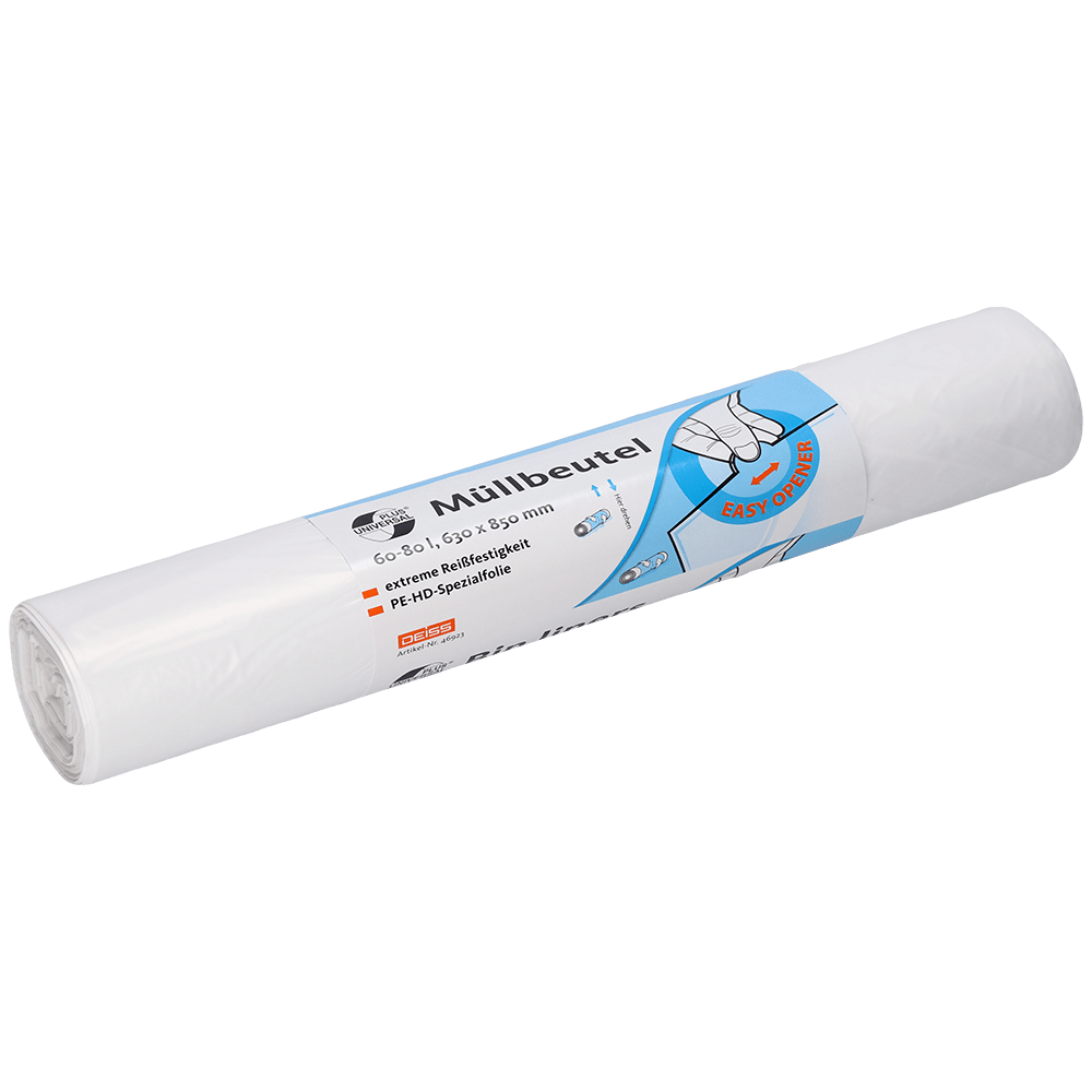 Role bílých pytlů na odpadky EMIL DEISS KG DEISS 46923 (630x850x0,01 mm, 50 kusů) má německé balení s modro-bílou etiketou, která ukazuje ruku, která táhne pytel, a zdůrazňuje snadné otevírání a informace o produktu.