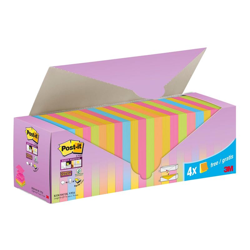 Krabice Post-it® Super Sticky Z-Notes od 3M Deutschland GmbH v různých barvách (76x76 mm), obsahuje 20 bloků + 4 zdarma (90 listů/blok), PEFC-certifikováno v kartonovém balení. Otevřený vrch zobrazuje barevné lístky uvnitř.