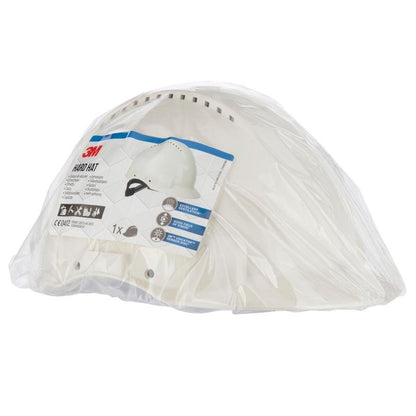 Bílá ochranná přilba 3M™ G3000C Uvicator od 3M Deutschland GmbH je zapečetěna v průhledném plastu a opatřena etiketou s produktovými informacemi a obrázky. Pozadí je jednobarevně bílé.