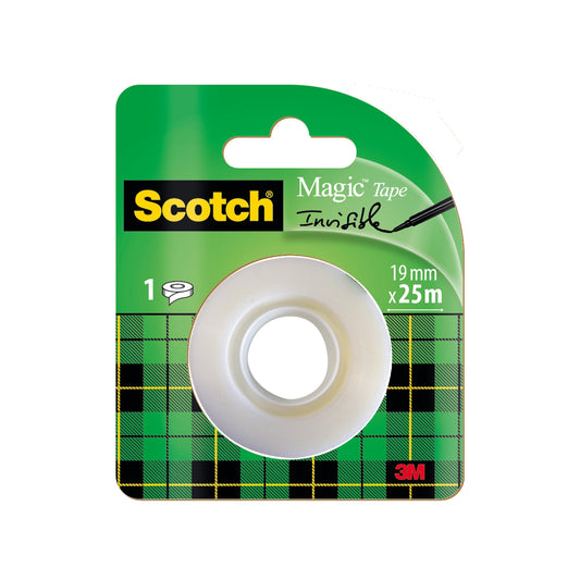 Eine grüne, schwarz-gelb karierte Packung enthält 1 Rolle Scotch® Magic™ Unsichtbares Klebeband (19 mm x 25 m) der 3M Deutschland GmbH; das 3M-Logo befindet sich in der rechten unteren Ecke.