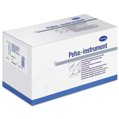 Bílo-modrá obdélníková krabička s nápisem "Peha-instrument" obsahuje 40 sterilních Hartmannových štěpících pinzet rovných 9 cm od Paul Hartmann AG, s obrázky a logem Hartmann v pravém horním rohu.