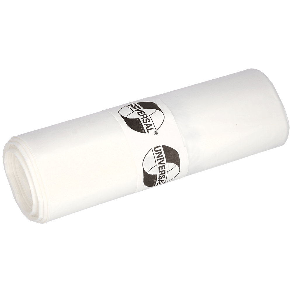 Role EMIL DEISS KG (GmbH + Co.) DEISS odpadkových pytlů 575x1000x0,018 mm z HDPE 50 l, zabalené s popsanou papírovou banderolou. Tyto pevné bílé odpadkové pytle jsou ideální pro každodenní použití. Zobrazeno na jednobarevném, světlém pozadí.