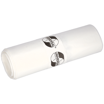 Role EMIL DEISS KG (GmbH + Co.) DEISS odpadkových pytlů 575x1000x0,018 mm z HDPE 50 l, zabalené s popsanou papírovou banderolou. Tyto pevné bílé odpadkové pytle jsou ideální pro každodenní použití. Zobrazeno na jednobarevném, světlém pozadí.