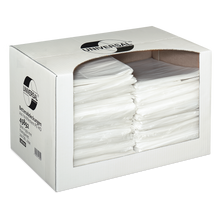 Eine weiße Box von EMIL DEISS KG (GmbH + Co.) enthält 200 transparente DEISS 49892 Bettenabdeckungen (3200x950x0,01 mm). Ein großes Fenster und ein Etikett zeigen den Inhalt an - idealer Hygieneschutz für Krankenhäuser.