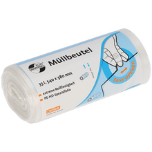 Průhledná role EMIL DEISS KG (GmbH + Co.) DEISS 49903 odpadkových sáčků (540x580 mm, 100 kusů) s modro-oranžovou etiketou ukazuje ruku při manipulaci s Easy Openerem; etiketa odkazuje na kapacitu 33L a vysokou odolnost proti roztržení pro praktické použití.