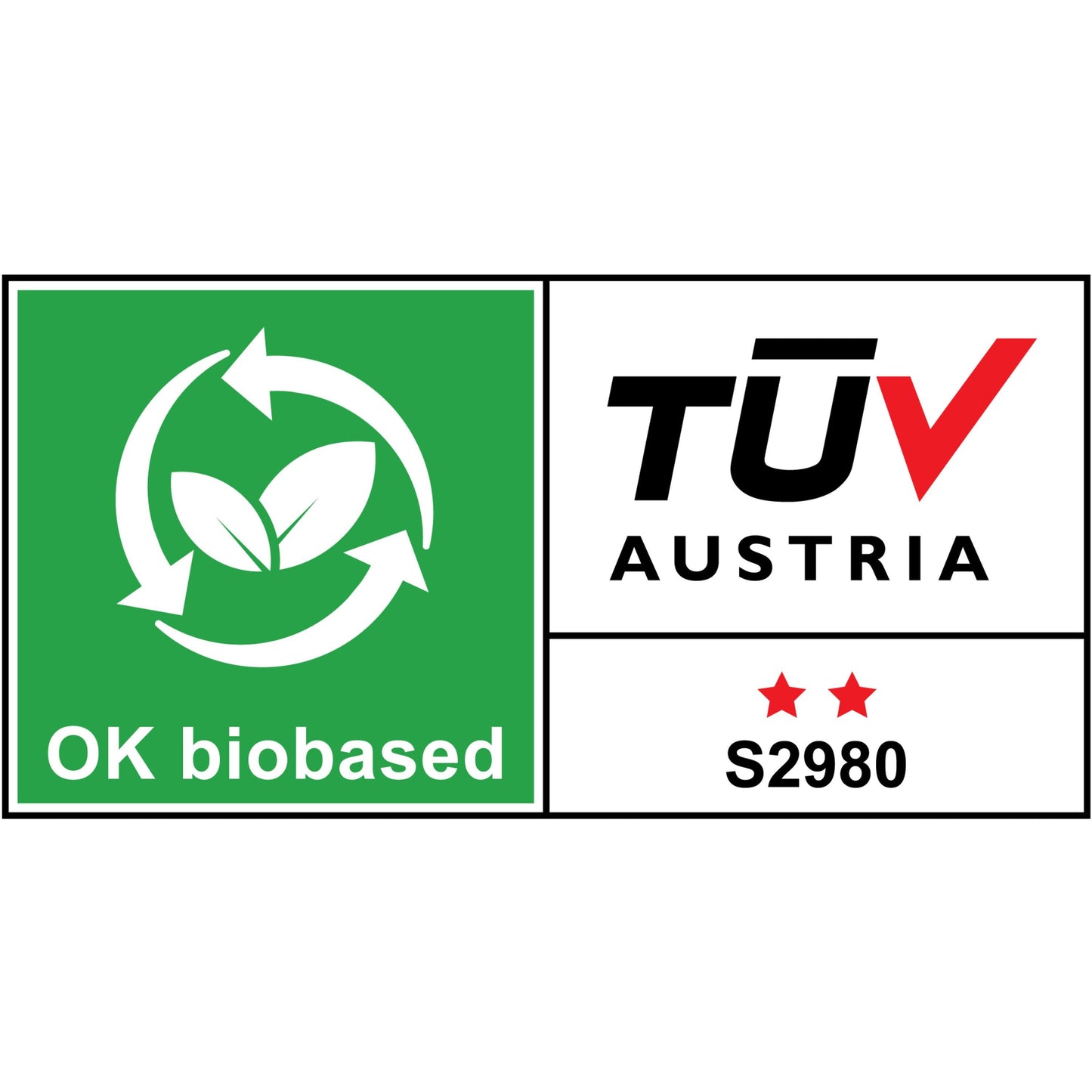 Certifikační etiketa na černém stolním dávkovači Scotch® C38 + páska Scotch® Magic™ (3M Deutschland GmbH) ukazuje zelenou "OK biobased" krabici s listy/šipkami a bílou krabici TÜV AUSTRIA s dvěma červenými hvězdami a S2980.
