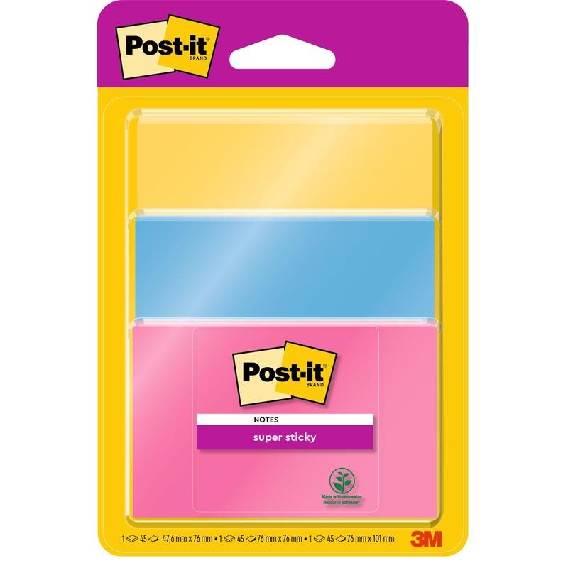 Balení Post-it® Super Sticky Notes od 3M Deutschland GmbH obsahuje 3 bloky (každý 45 listů) v různých barvách a velikostech, PEFC certifikováno (SGSCH-PEFC-COC-110078). Každý blok měří 4,7 x 7,6 cm.