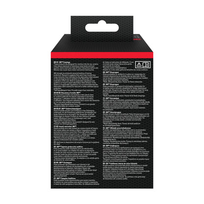 Die Abbildung zeigt die Rückseite eines 3M™ Gehörschutzstöpsels 1100 (Weichschaum, SNR 35 dB, Orange) der 3M Deutschland GmbH mit schwarzem Hintergrund, weißem mehrsprachigem Text, Aufhänger oben und kleinen Warnsymbolen oben rechts.