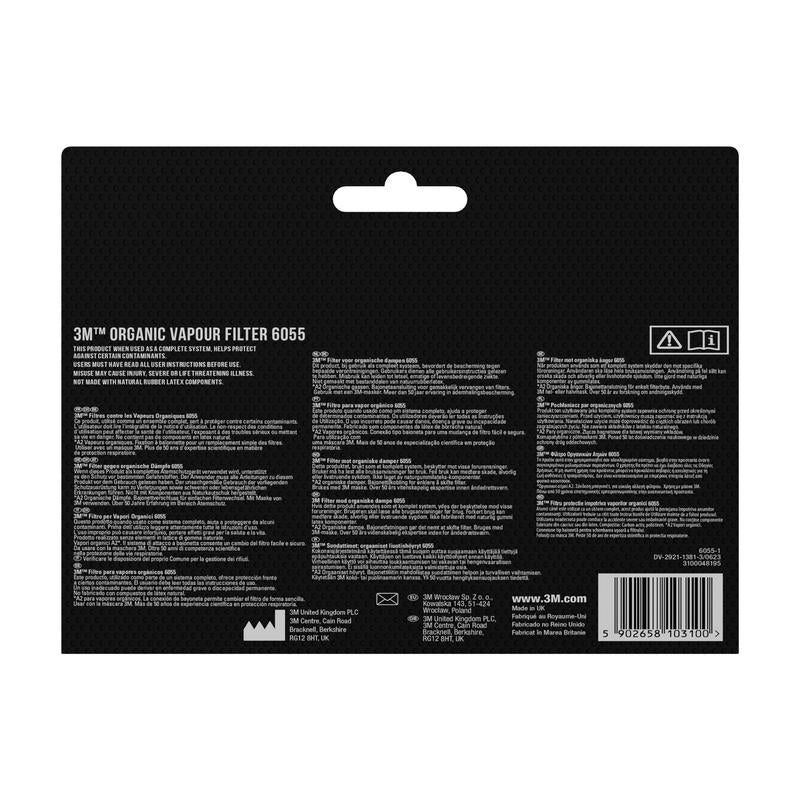 Zadní pohled na balení 3M™ 6004-1SP (kombinovaný filtr ABEK1P3) od 3M Deutschland GmbH s podrobnostmi, návodem k použití a bezpečnostními informacemi v několika jazycích - vhodné pro aplikace ochrany dýchacích cest. Obsahuje 2x6059, 2x5935, 2x501.