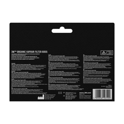 Zadní pohled na balení 3M™ 6004-1SP (kombinovaný filtr ABEK1P3) od 3M Deutschland GmbH s podrobnostmi, návodem k použití a bezpečnostními informacemi v několika jazycích - vhodné pro aplikace ochrany dýchacích cest. Obsahuje 2x6059, 2x5935, 2x501.