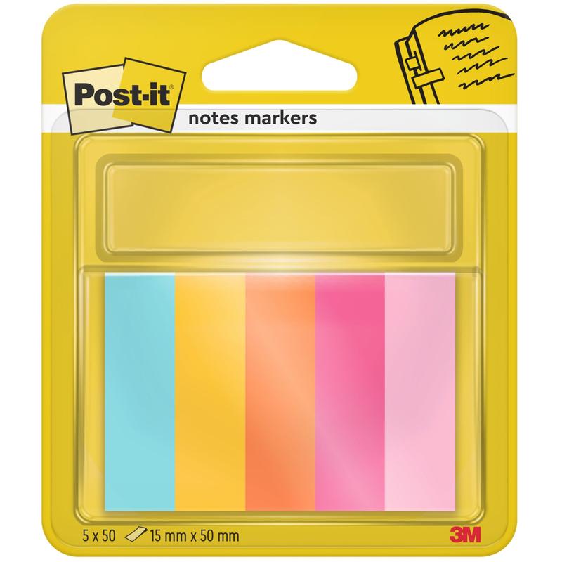 Balení záložek Post-it® Page Marker (15 mm x 50 mm, 50 listů/blok, 100% PEFC) od společnosti 3M Deutschland GmbH obsahuje pět barevných záložek v barvách modrá, žlutá, oranžová, růžová a světle růžová v průhledném držáku na žlutém obalu značky.