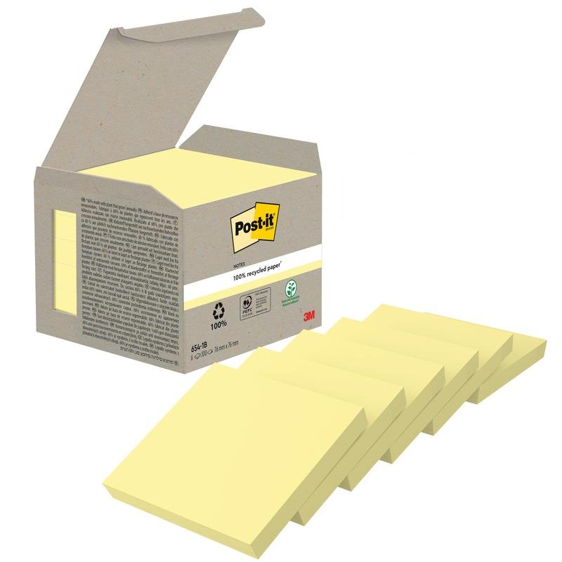 Otevřená krabice 3M Deutschland GmbH Post-it® Recycling Notes (76 mm x 76 mm, 100 listů na blok, 100% PEFC) ukazuje několik žlutých lepicích bloků v řadě.