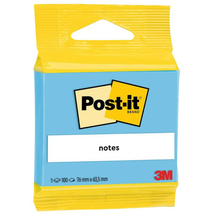 Balení Post-it® Notes od 3M Deutschland GmbH, 100% PEFC, obsahuje 100 listů ve formátu 63,5 mm x 76 mm a je navrženo ve žluté a modré barvě s logem Post-it.