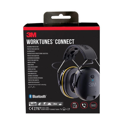 Obrázek ukazuje krabici 3M™ WorkTunes™ Connect chránič sluchu 90543E (Bluetooth®, SNR 31 dB, černá, 1 kus) od 3M Deutschland GmbH s červeným a bílým písmem a obrázkem chrániče sluchu na černém obalu.
