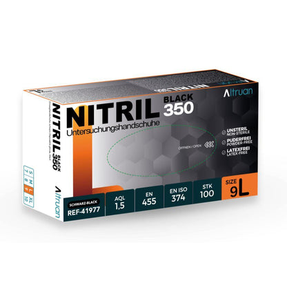 Balení Altruan Nitril 350 Black jednorázových rukavic od BINGOLD GmbH + Co. KG obsahuje 100 černých, bezlatexových rukavic, velikost 9/L, s certifikáty na obalu a praktickou perforací pro otevření.