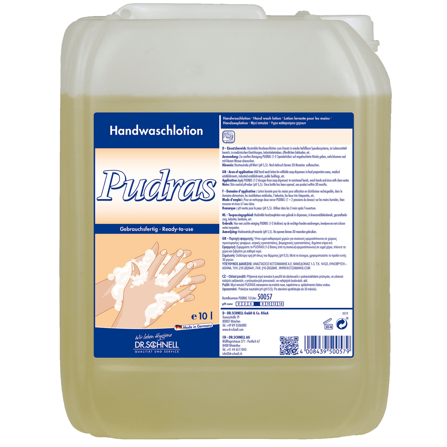 Der 10-Liter-Dr. Schnell PUDRAS ohne Duft und Farbstoffe der DR.SCHNELL GmbH & Co. KGaA ist hypoallergen, hautschonend und wird in einem blau-weiß beschrifteten Behälter mit Anwendungshinweisen und Handwaschbildern geliefert.