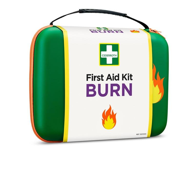 Zeleno-bílá lékárnička Cederroth pro popáleniny (balení, 1 kus) od Orkla Wound Care AB má oranžový zip, logo Cederroth, nápis "First Aid Kit BURN" a obrázky plamenů na přední straně.