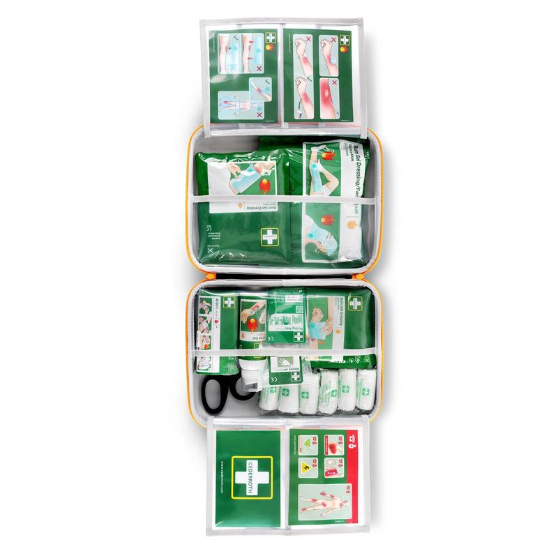 Cederroth první pomoc pro popáleniny od Orkla Wound Care AB je otevřená a ukazuje uspořádané přihrádky s obvazy, nůžkami a kartičkami s vizuálními pokyny na horním a dolním okraji soupravy.