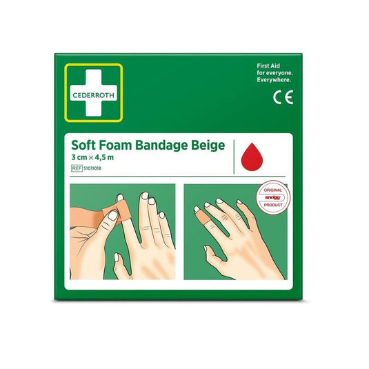 Zelená krabička s nápisem „Cederroth soft foam obvaz béžový 3×450 cm | balení (1 kus)“ od společnosti Orkla Wound Care AB, s návodem na obvaz prstu, červeným symbolem kapky a textem: „První pomoc pro všechny. Kdekoli.“