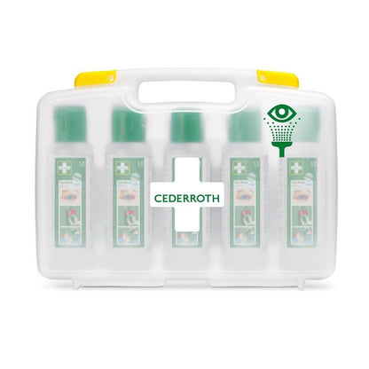 Cederroth oční výplach (5x500ml) v přenosném pouzdře od Orkla Wound Care AB nabízí pět lahví v průhledném kufříku se žlutou rukojetí - perfektně označený a ideální pro oční výplach na pracovišti. REF 7255 nahradit | Balení (1 kus).