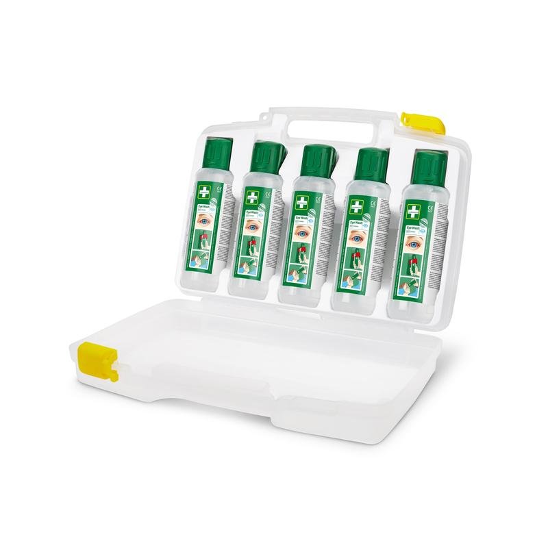 Cederroth oční výplach od Orkla Wound Care AB (5x500ml) v přenosném pouzdře (REF 7255 nahradit) je dodáván v bílém plastovém kufříku s pěti průhlednými lahvemi, z nichž každá má zelený uzávěr a štítek pro péči o oči - ideální pro každé pracovní prostředí.