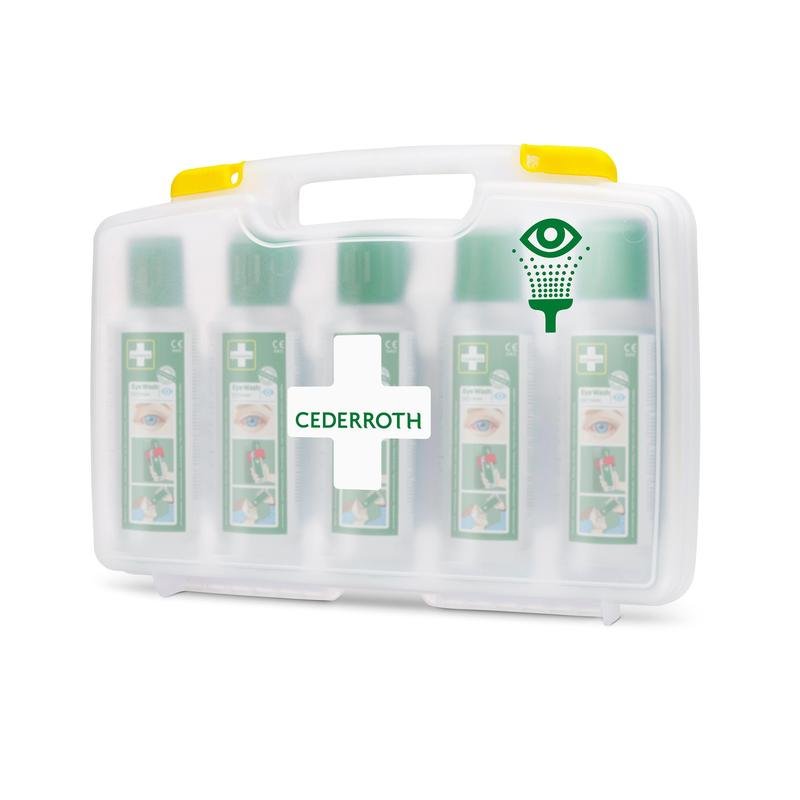 Cederroth oční výplach od Orkla Wound Care AB (5x500ml) v přenosném pouzdře, REF 7255, se skládá z bílého plastového kufříku s rukojetí, průhlednou přední stranou, zeleným křížem a symbolem očního výplachu, ve kterém je pět lahví.