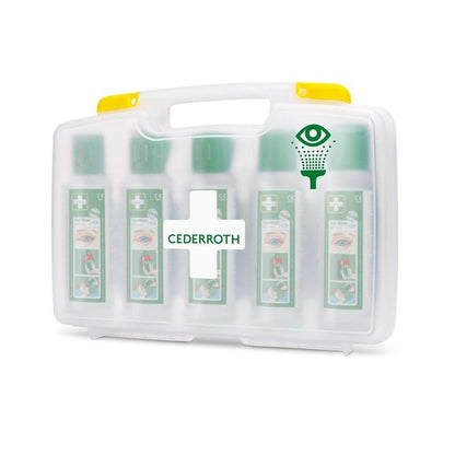 Cederroth oční výplach od Orkla Wound Care AB (5x500ml) v přenosném pouzdře, REF 7255, se skládá z bílého plastového kufříku s rukojetí, průhlednou přední stranou, zeleným křížem a symbolem očního výplachu, ve kterém je pět lahví.