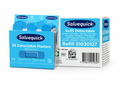 Modrá krabice s nápisem "Cederroth 6 Set Salvequick Detectable Pflaster (35 Stück) blau" od Orkla Wound Care AB stojí vedle doplňovací krabice - ideální pro ošetření ran s vyprchanou Cederroth Detectable Pflaster.