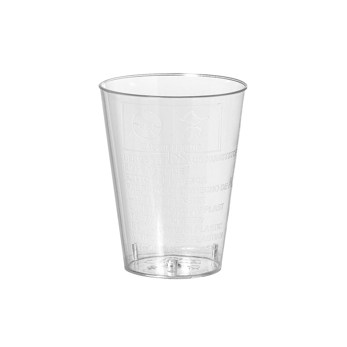 Průhledný plastový kelímek Trend PS od společnosti Duni GmbH (balení 50 kusů) s vylisovanými recyklačními symboly a textem, fotografovaný na jednoduchém bílém pozadí.