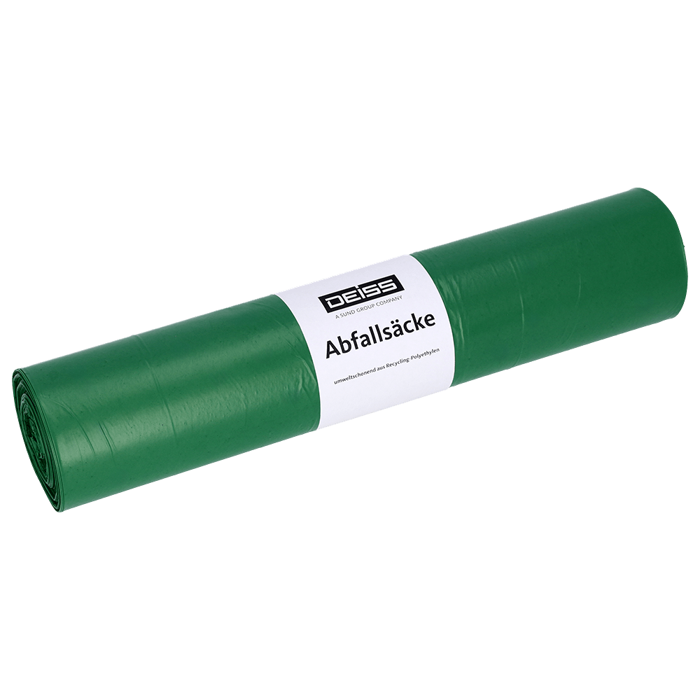 Rolka DEISS 52001 odpadkových pytlů (700x1100 mm, typ 20, zelená, 50 kusů) od EMIL DEISS KG (GmbH + Co.) leží na jednobarevném bílém pozadí s bílou etiketou, která zobrazuje značku a informace o produktu.